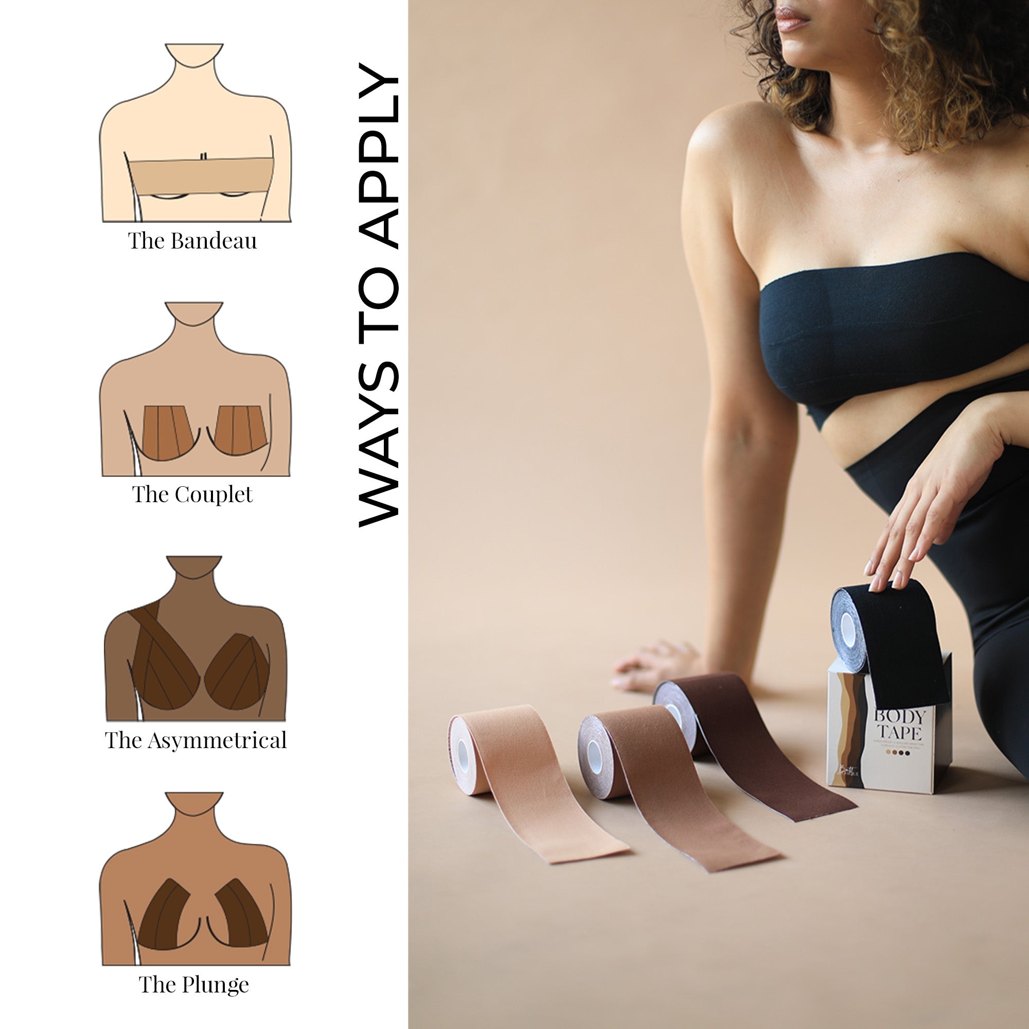 Body Tape product showcasing application methods and color options.