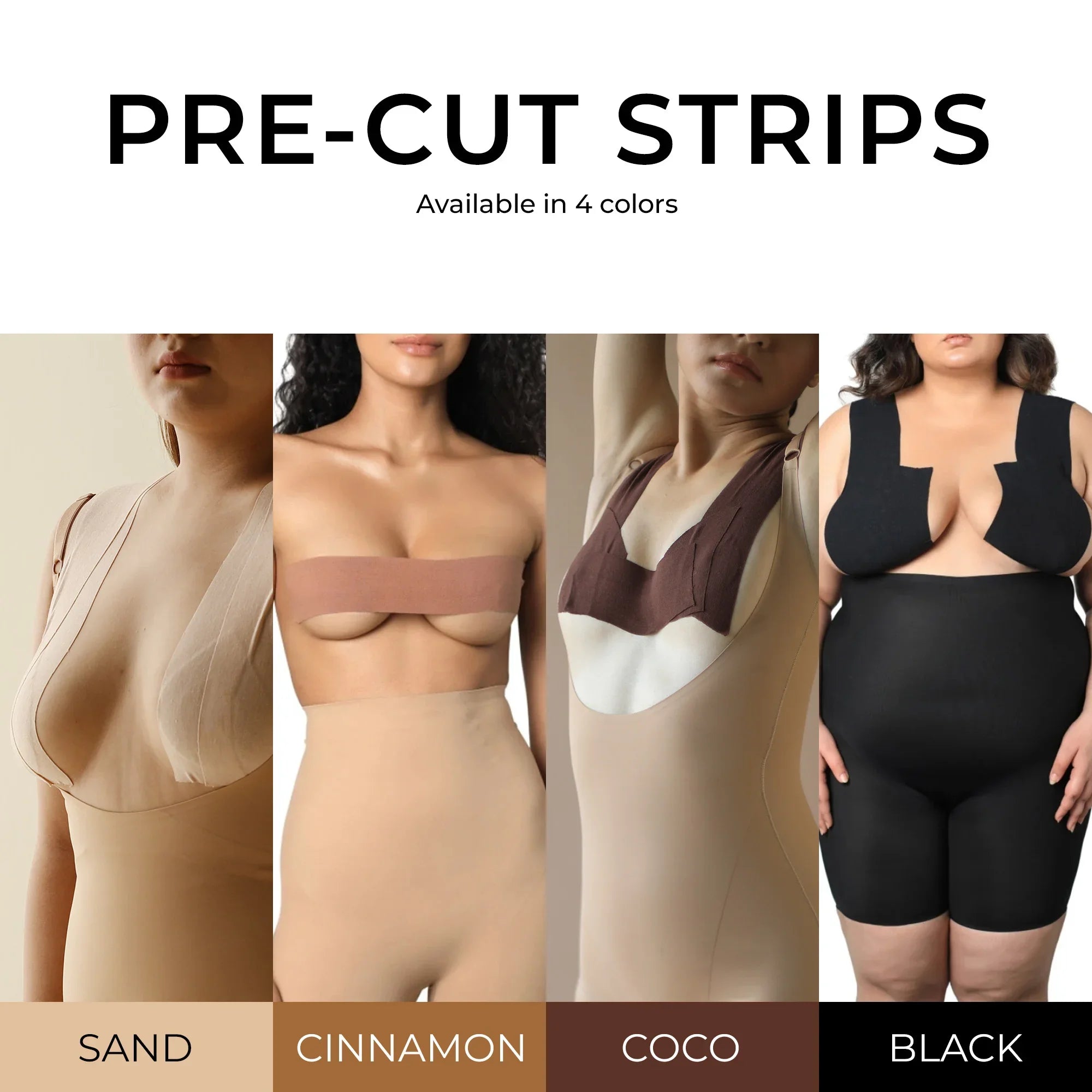 Pre-cut body tape strips in four stylish colors.