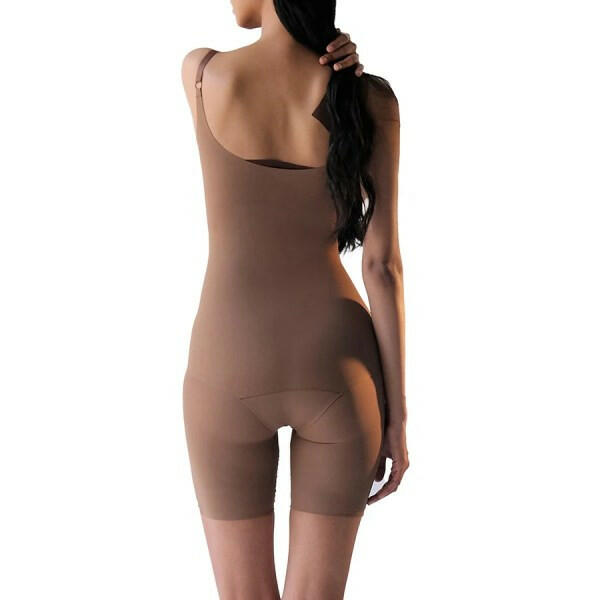 Brown full bodysuit for seamless shaping and comfort.