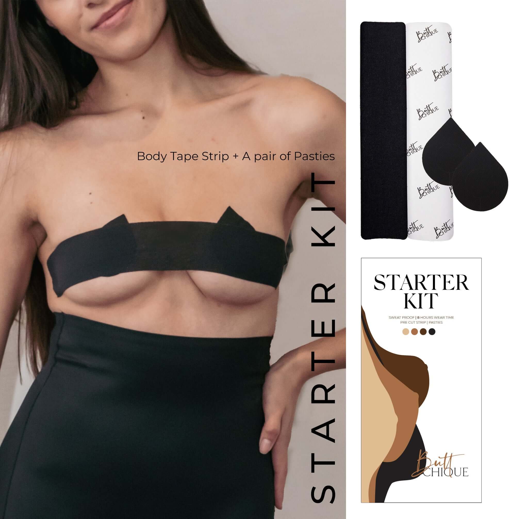 Body tape and pasties included in Starter Kit for stylish support.
