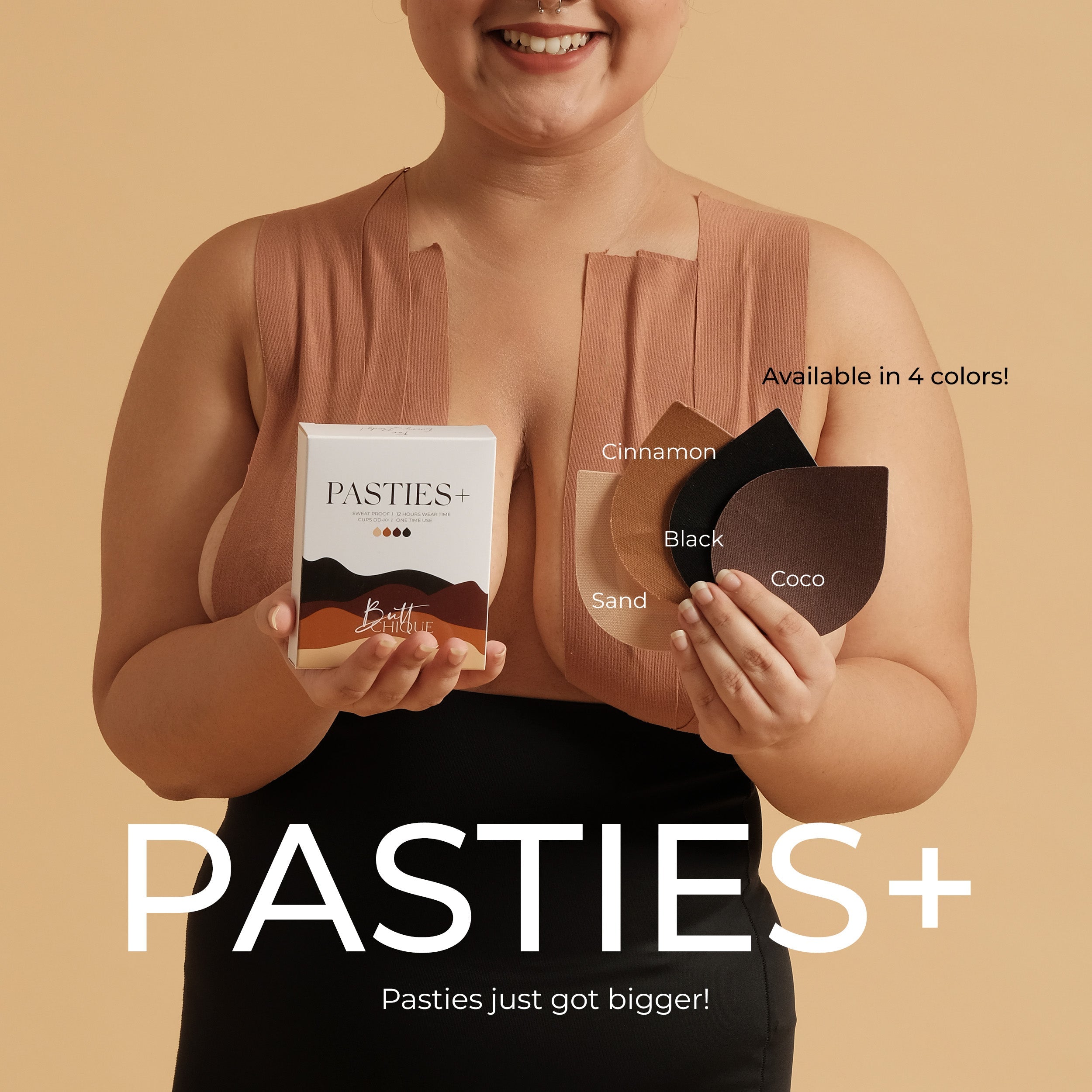 Pasties Plus+ product display featuring four color options and packaging.