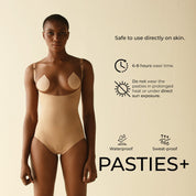 Model showcasing Pasties Plus+ for skin-safe, waterproof coverage.