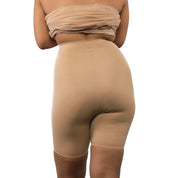 "Seamless beige shapewear shorts for a smooth silhouette."