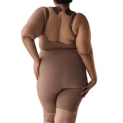 Brown full bodysuit model showcasing smooth, seamless fit from back.