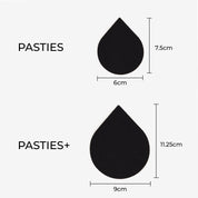 Black pasties product images with size dimensions displayed.