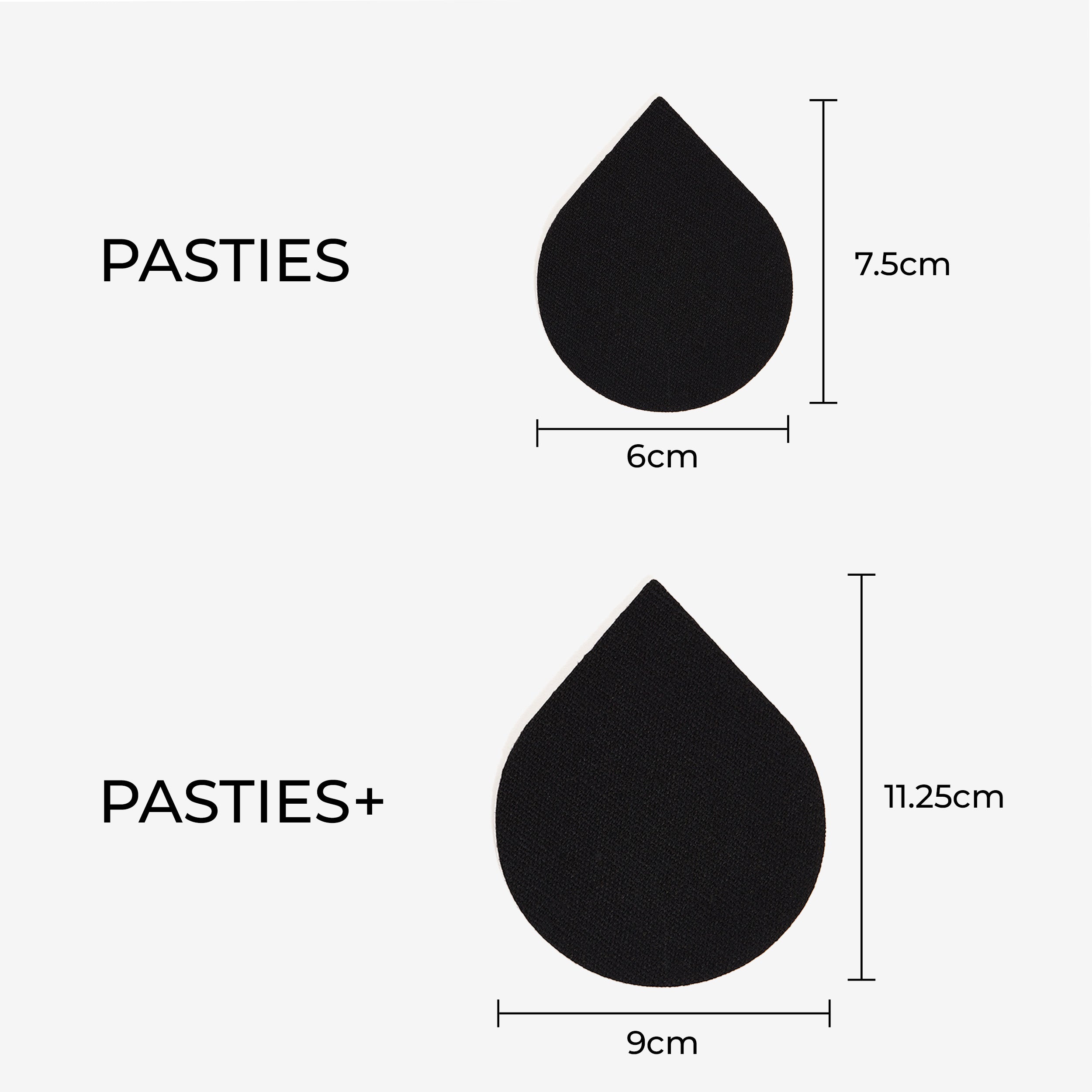 Black pasties product images with size dimensions displayed.