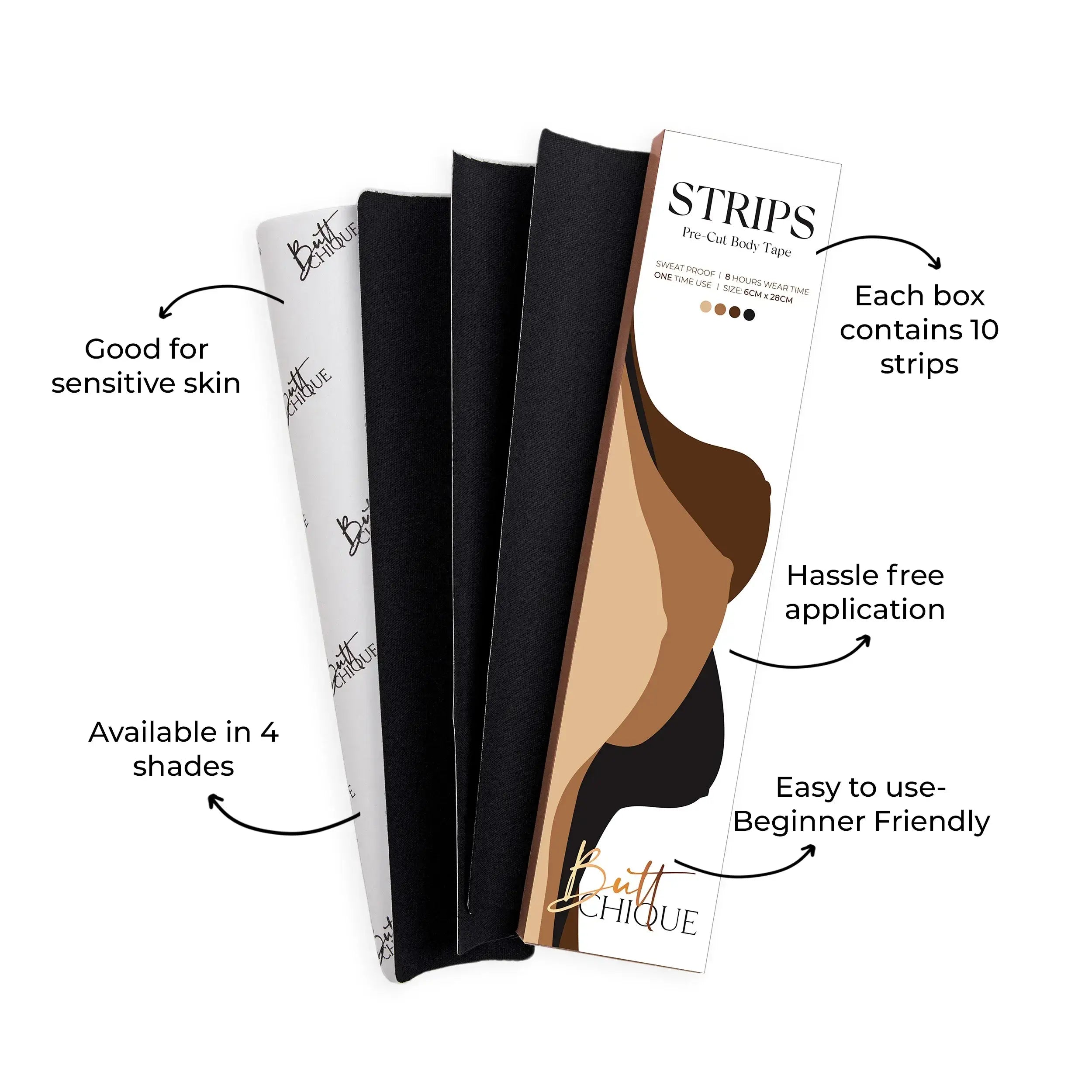 Body tape strips for sensitive skin, hassle-free application, pack of 10.