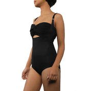 Stylish black bodysuit with twist front and cutout detail.