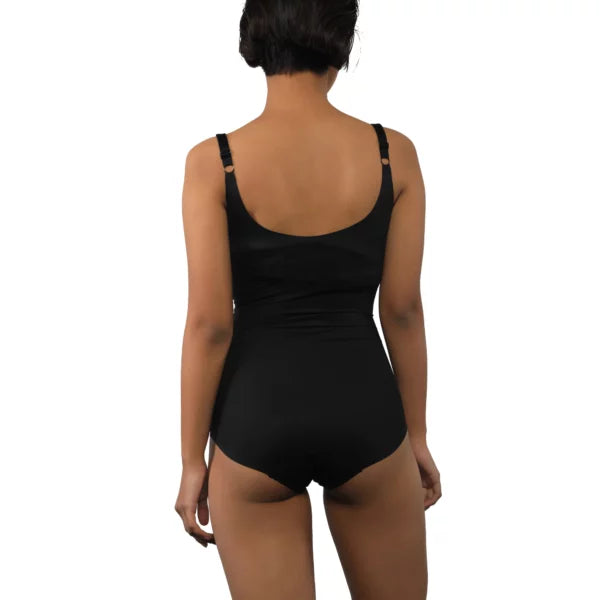 Black bodysuit with adjustable straps for stylish comfort.