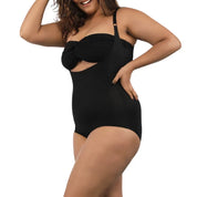 Black bodysuit with knot detail and cutout design.