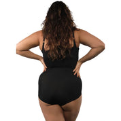 Black bodysuit back view on curvy model showcasing comfort and style.