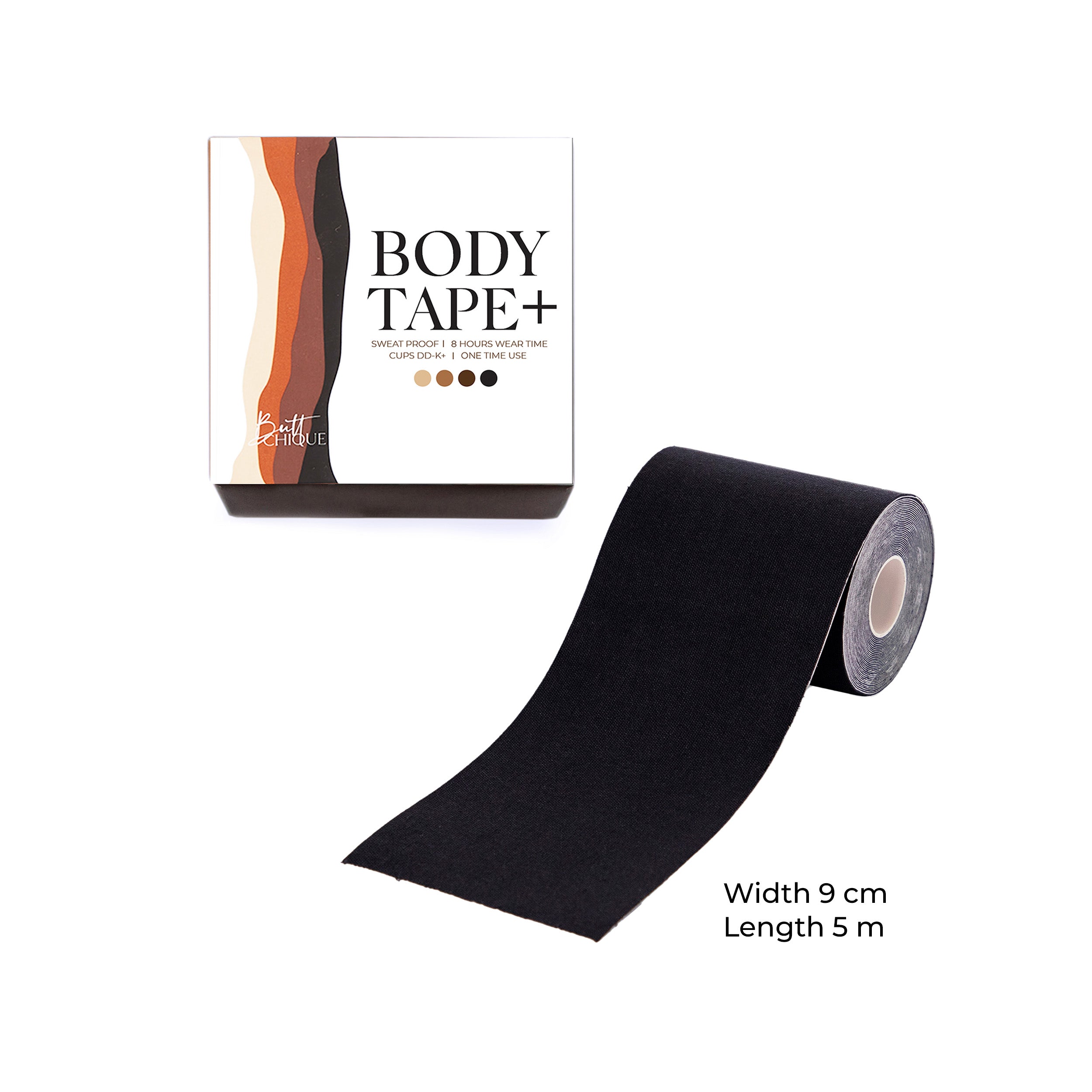 Body Tape+ black roll with packaging, sweat-proof and 8-hour wear.