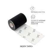Body Tape+ for instant lift, suitable for all breast sizes.