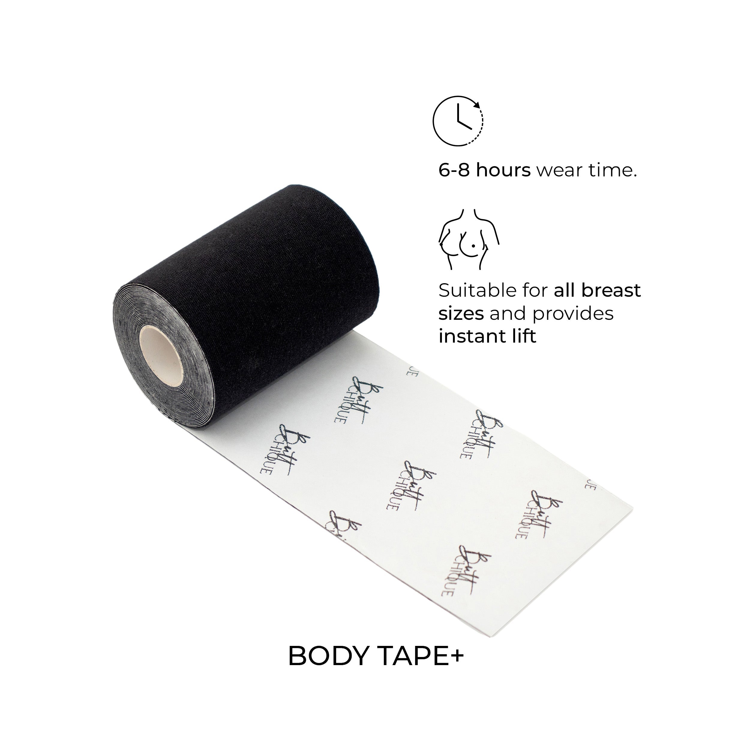 Body Tape+ for instant lift, suitable for all breast sizes.