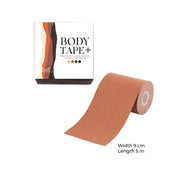 Body Tape+ product packaging with brown tape roll, 9cm x 5m dimensions.