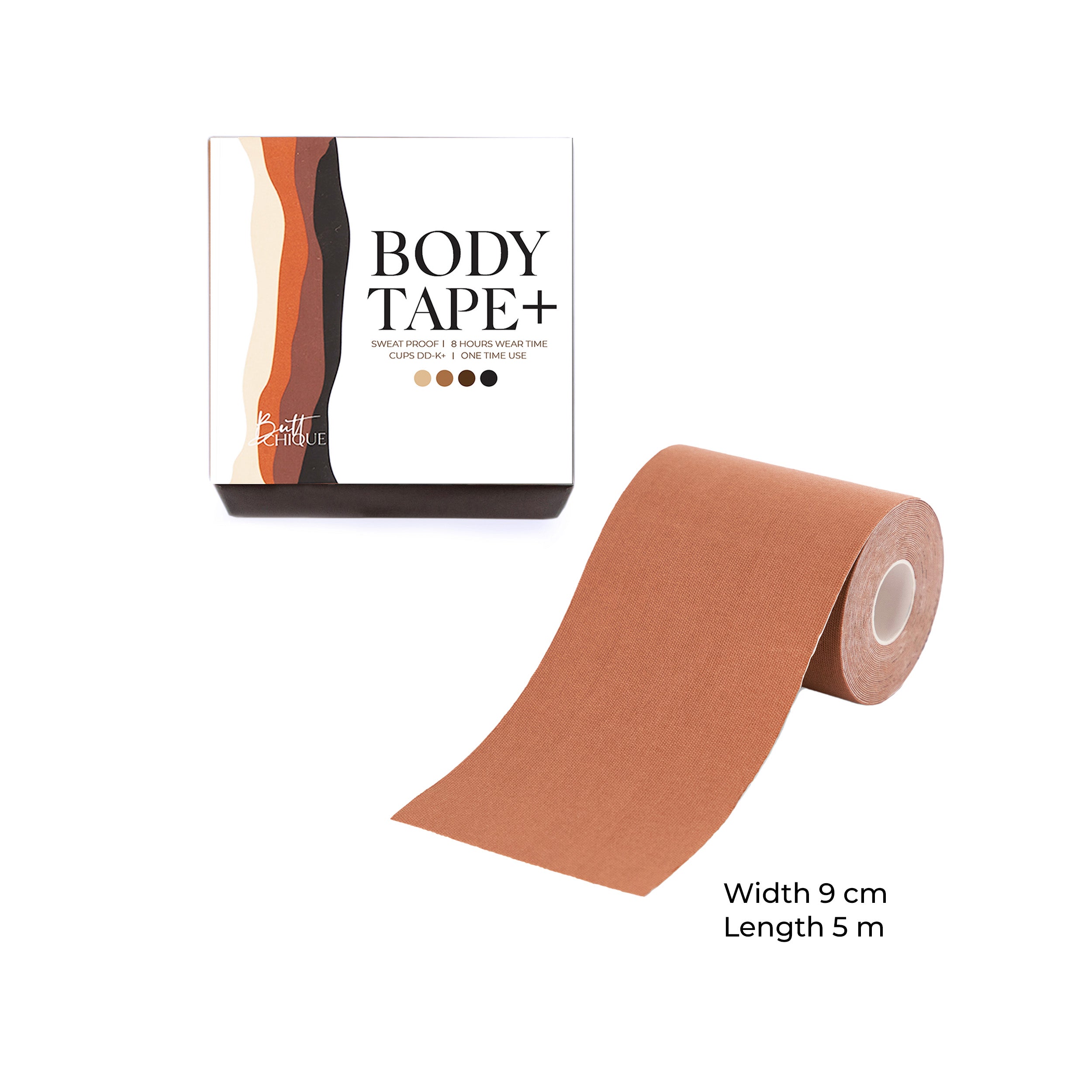 Body Tape+ product packaging with brown tape roll, 9cm x 5m dimensions.