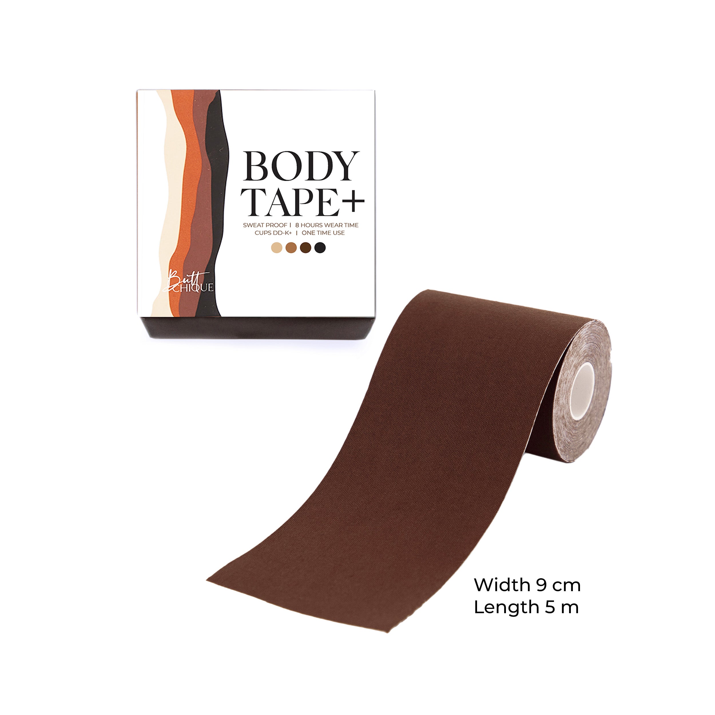 Body Tape+ product packaging and brown adhesive tape roll for body use.