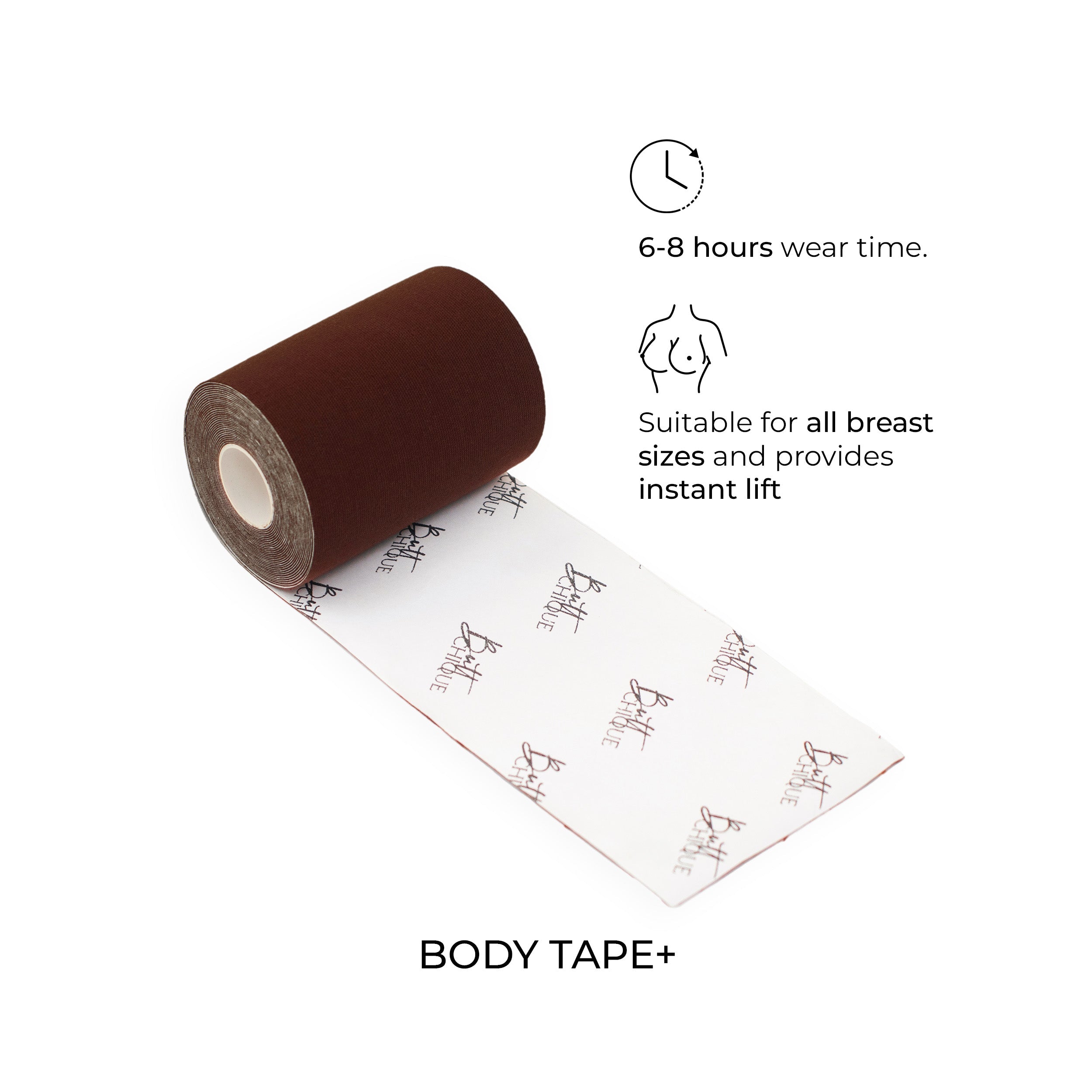 Body Tape+ roll showcasing instant lift, suitable for all breast sizes.