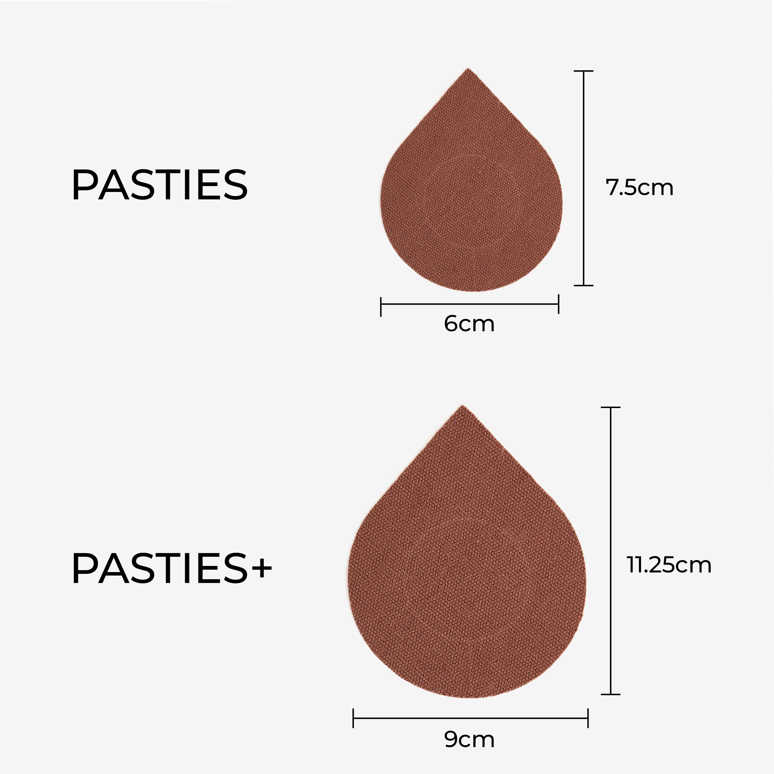 Pasties product display with size options for coverage and comfort.