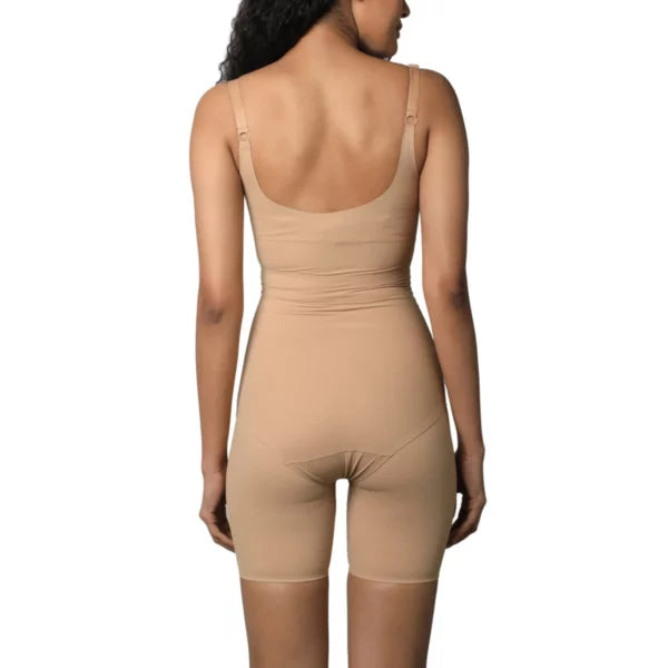 Full bodysuit for women, showcasing seamless back design in beige.