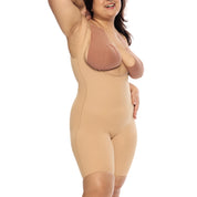 Mid-thigh bodysuit model showcasing adjustable straps and seamless design.