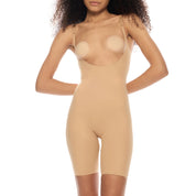 Mid-thigh bodysuit in nude with adjustable straps for comfort.