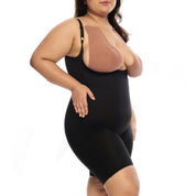 Mid-thigh bodysuit featuring adjustable straps and shaping design.