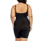 Mid-thigh bodysuit in black, showcasing back view and adjustable straps.