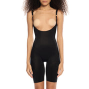 Mid-thigh bodysuit in black featuring adjustable straps and smooth fit.