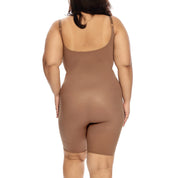 Mid-thigh bodysuit shown from the back in skin tone color.