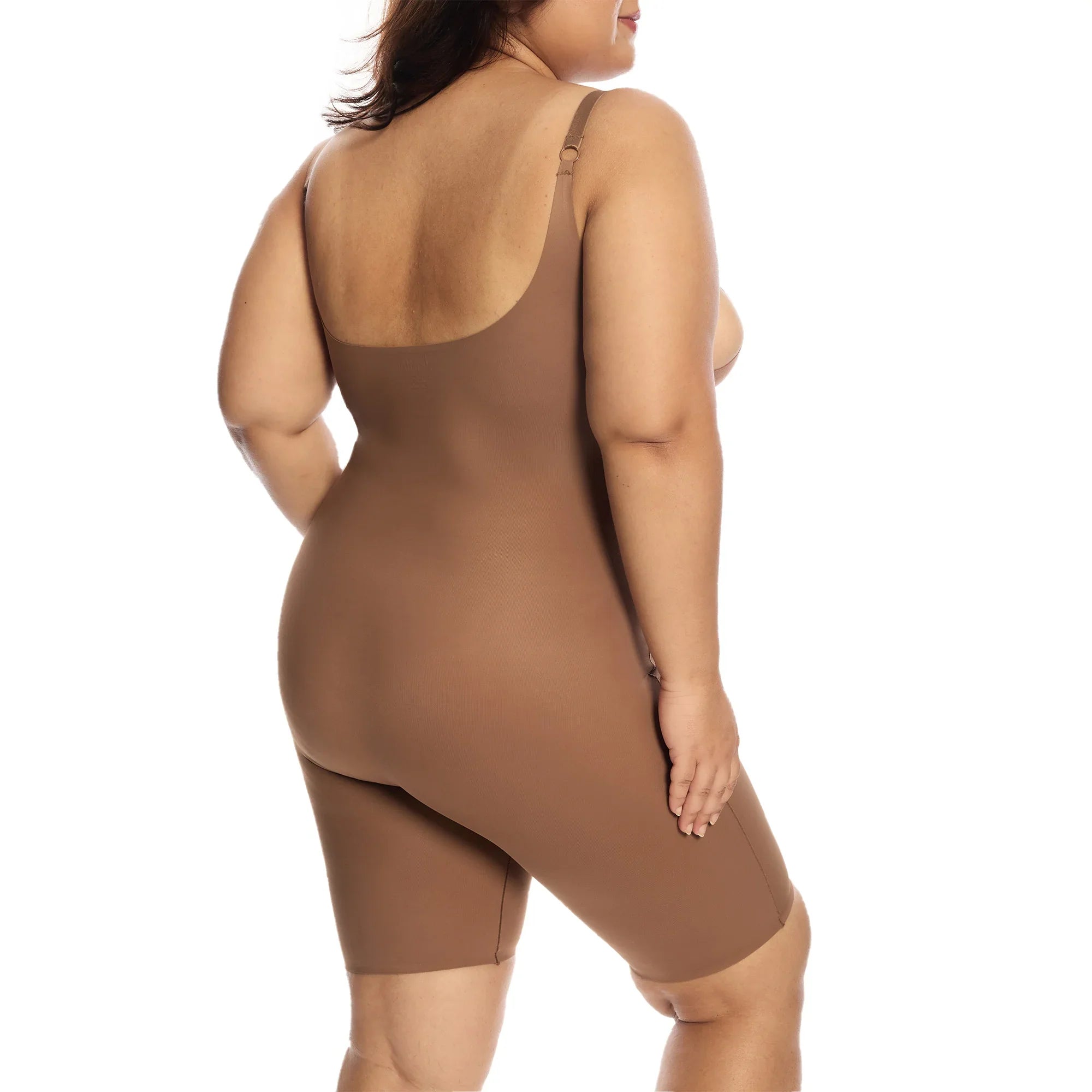 Mid-thigh bodysuit in brown, featuring adjustable straps for comfort.
