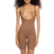 Mid-thigh bodysuit in light brown, perfect for seamless shaping.