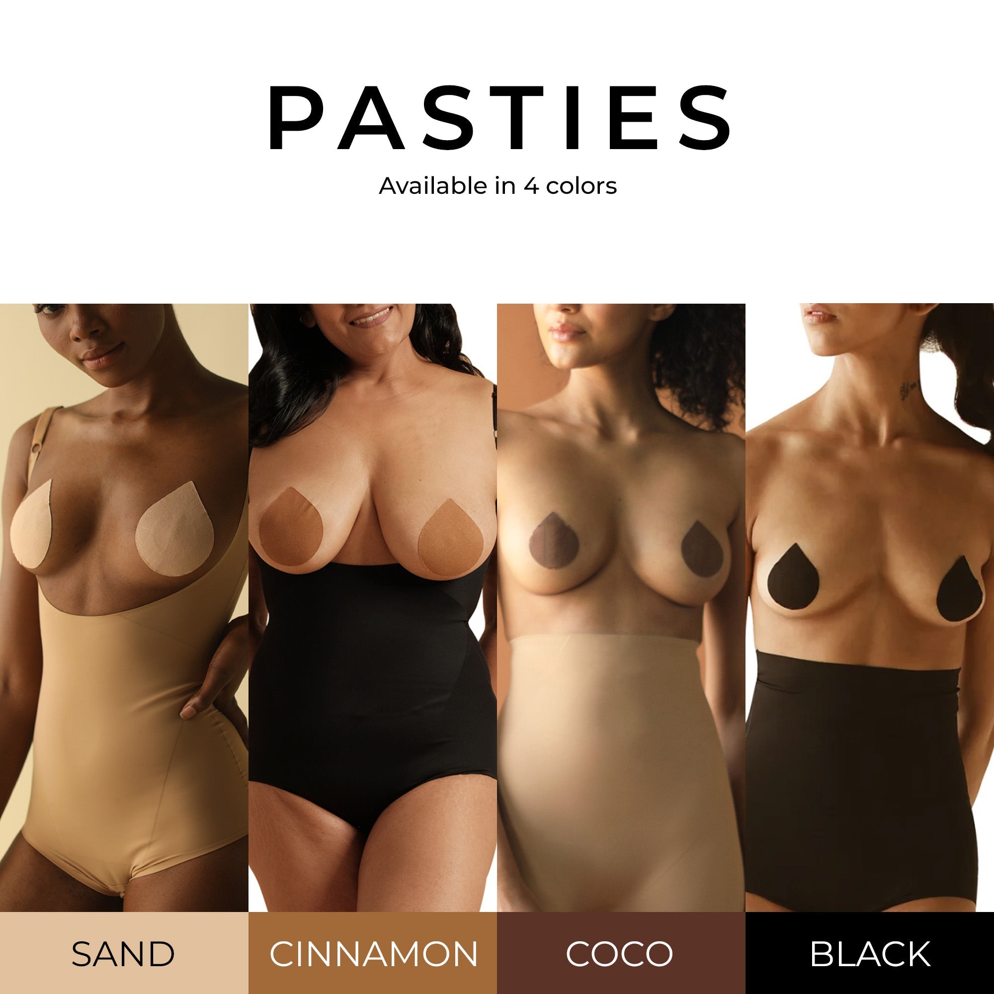 "Four pasties in different skin tones for discreet coverage."