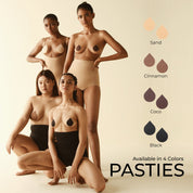 Models showcasing pasties in four skin tone colors.