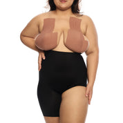 "Model showcasing Right Leg Shorty shapewear shorts in black."