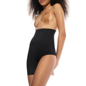 Model wearing Right Leg Shorty bodysuit in black.
