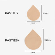 "Pasties Plus+ size comparison chart for nipple covers"
