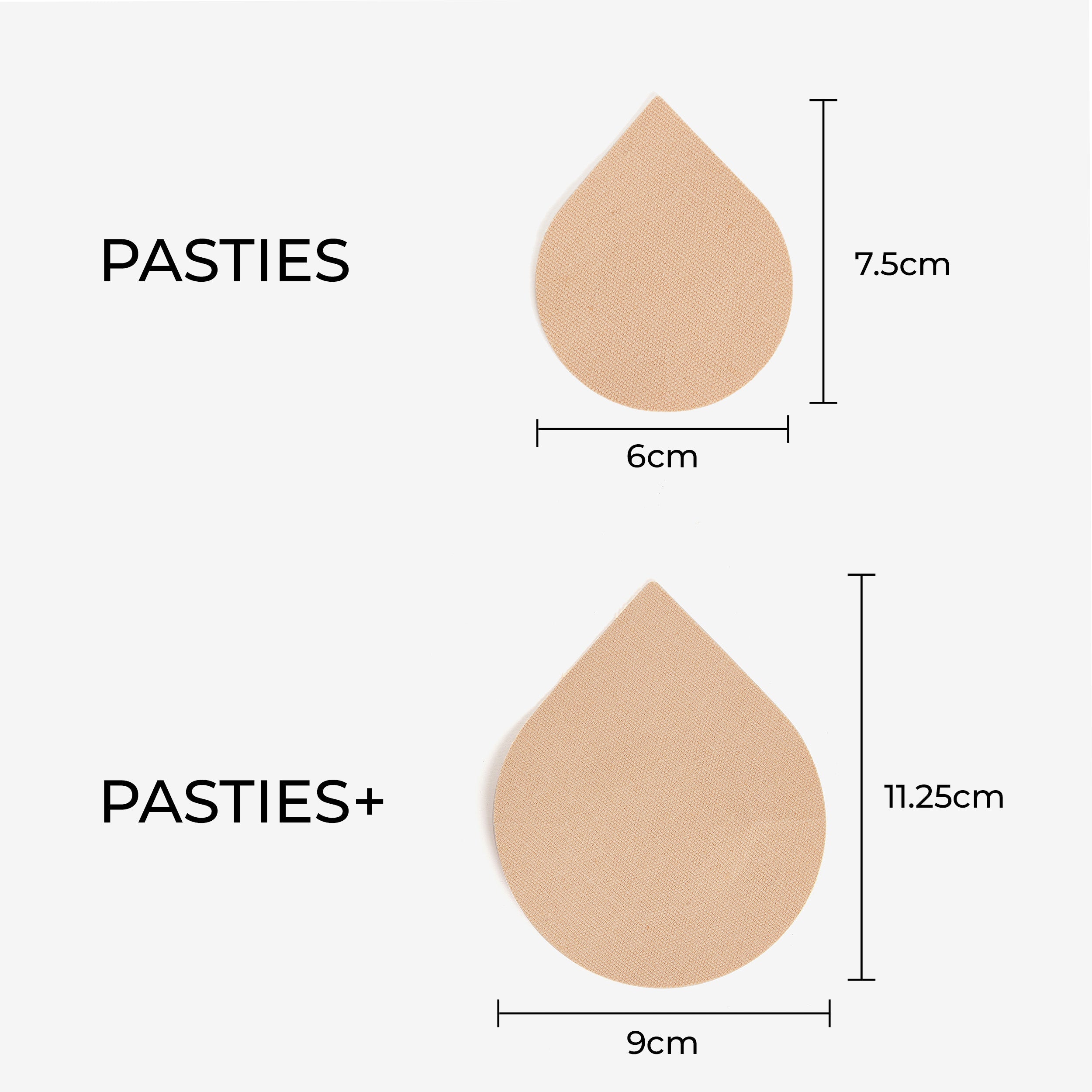 "Pasties Plus+ size comparison chart for nipple covers"