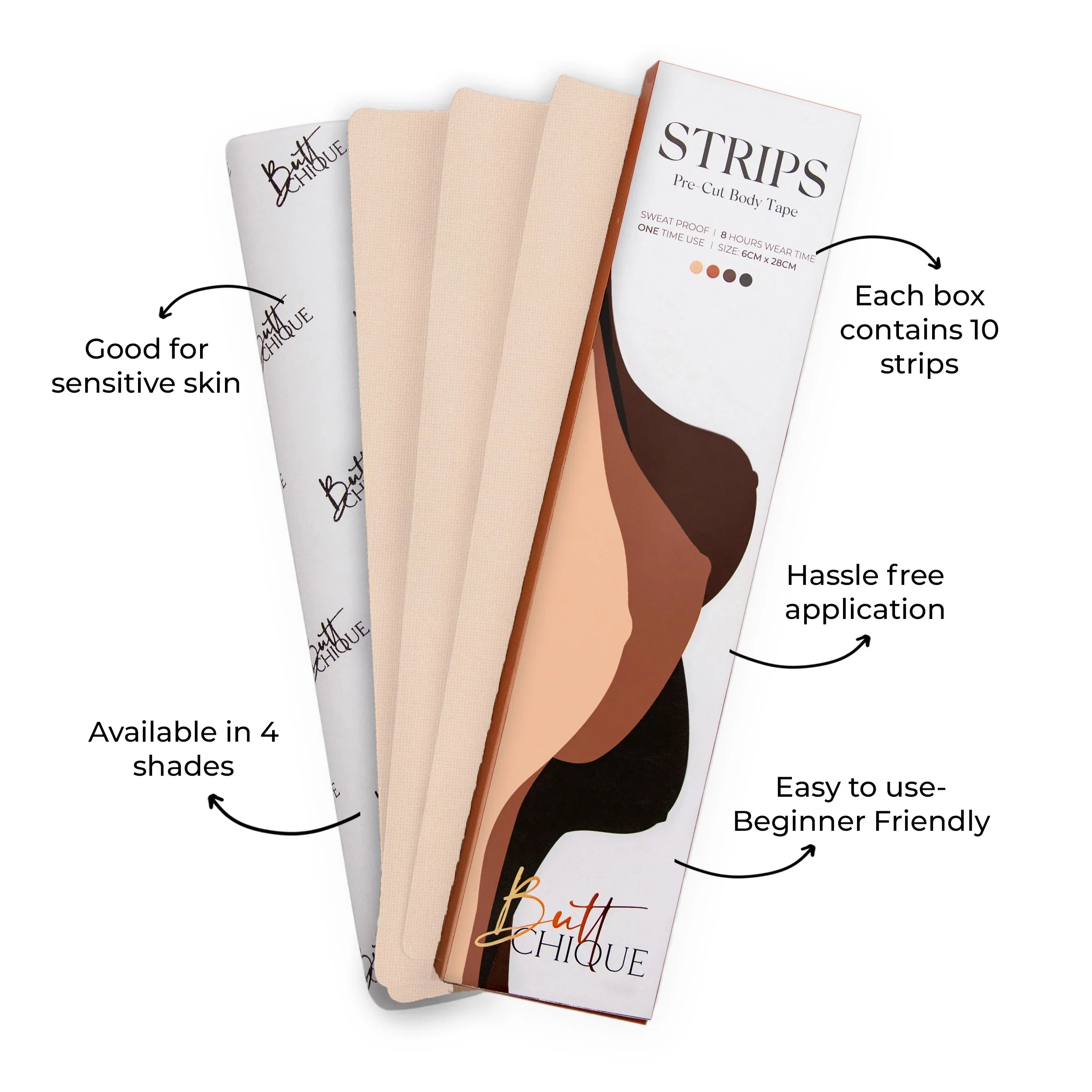 Pack of 10 body tape strips in four shades for sensitive skin.