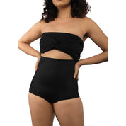 High-waisted black bathing suit top with twist design.