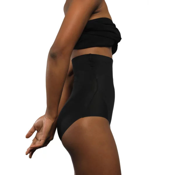 High-waisted black shaping shorts for comfortable body shaping.