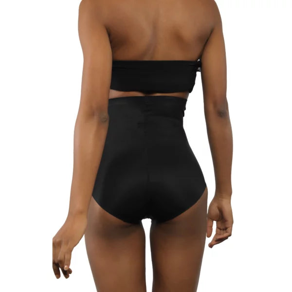 Model showcasing Super Edge high-waisted black shapewear.