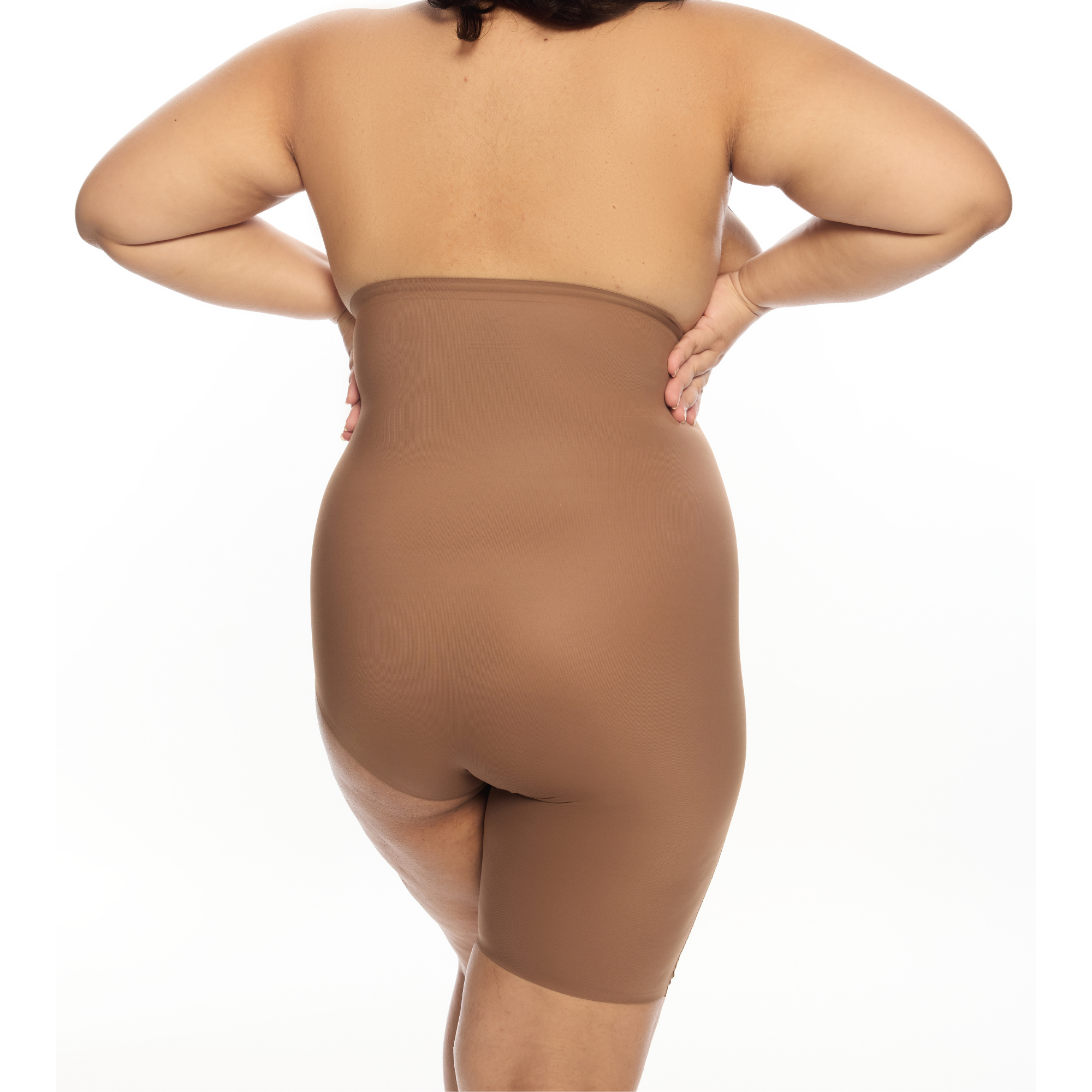 Model wearing Right Leg Shorty shapewear in brown.