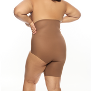 "Model showcasing Right Leg Shorty body shaper in brown color."