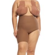 “Model showcasing Right Leg Shorty shapewear in neutral brown color.”